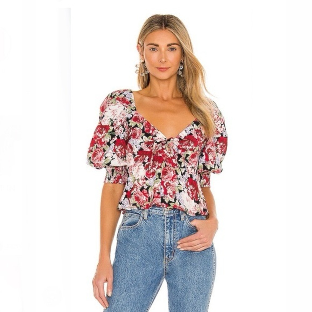 MINKPINK Floral Puff Sleeve Tie Front Top Romantic Cottagecore